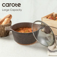 Brown speckled nonstick stockpot with glass lid and side handles