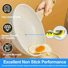 Speckled granite-effect nonstick pan with wood handle and fried egg