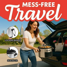 Programmable slow cooker with sealed lid and food inside, black handles