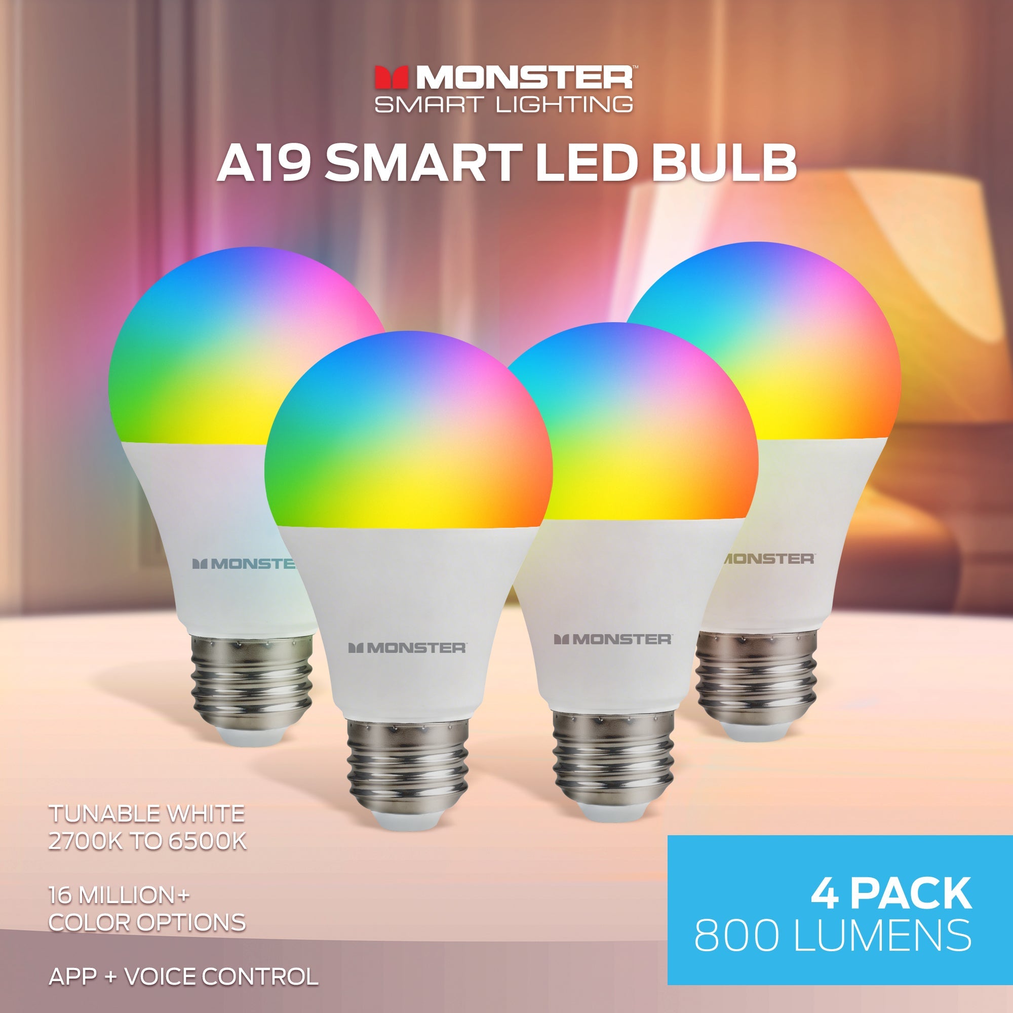 Monster Smart LED Bulb A19 4-Pack, WiFi Color Changing Light Bulbs, 800 Lumens 60W Equivalent, Tunable White 2700K–6500K, App & Voice Control, Alexa Google Home Matter Compatible