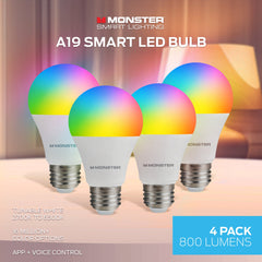 Monster Smart LED Bulb A19 4-Pack, WiFi Color Changing Light Bulbs, 800 Lumens 60W Equivalent, Tunable White 2700K–6500K, App & Voice Control, Alexa Google Home Matter Compatible