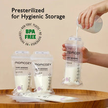 Temp-sensing milk storage bags set, held for hygienic storage
