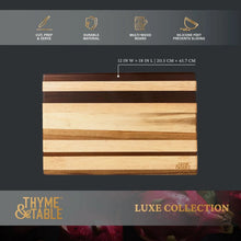 Multi-wood butcher block cutting board with horizontal dark and light wood stripes