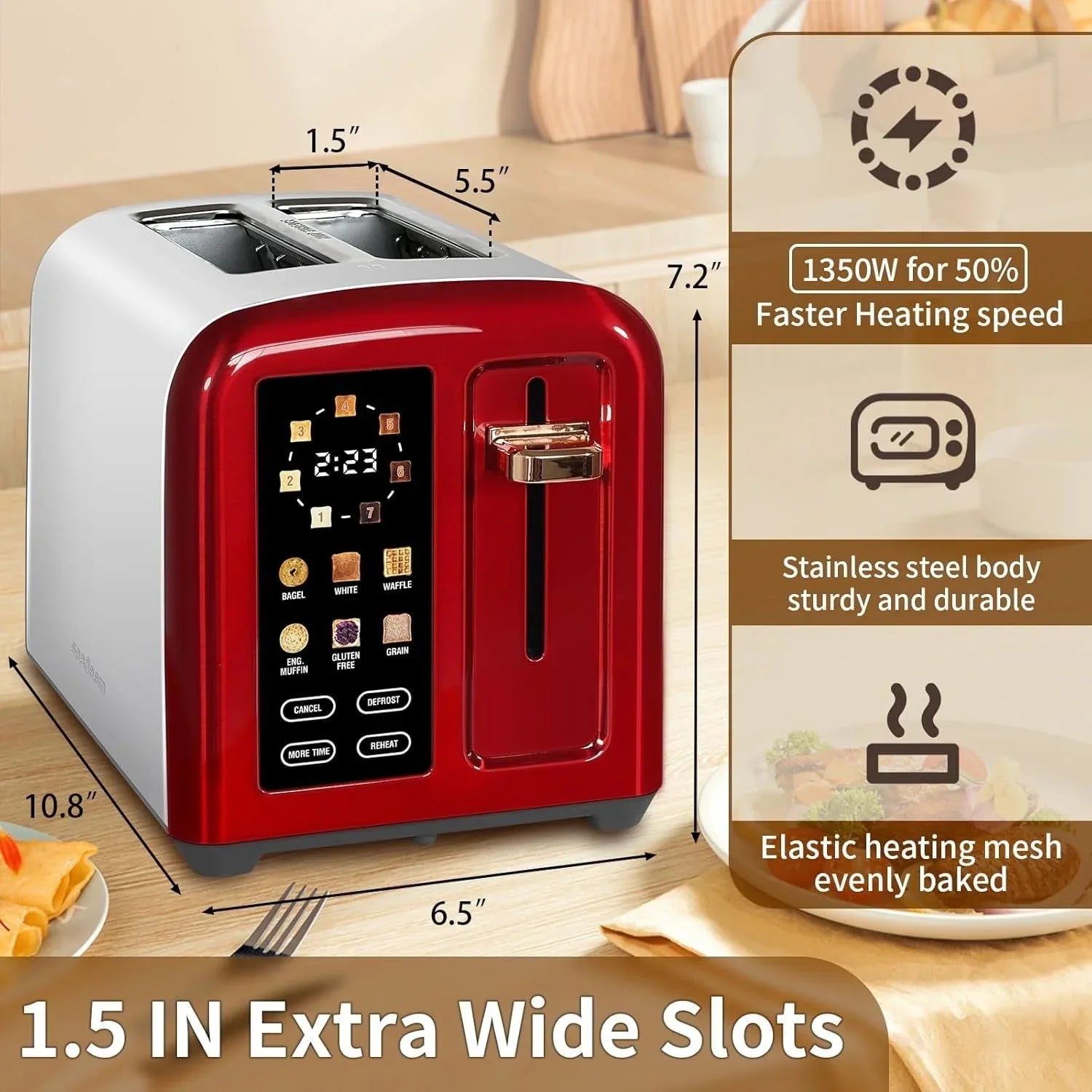 SEEDEEM Toaster 2 Slice, Touch Control Stainless Toaster LCD Display, 50% Faster Heating Speed, 1.4'' Wide Slots, More Timer Functions, Removable Crumb Tray, 1350W, Dark Metallic - USA MEGA SHOP