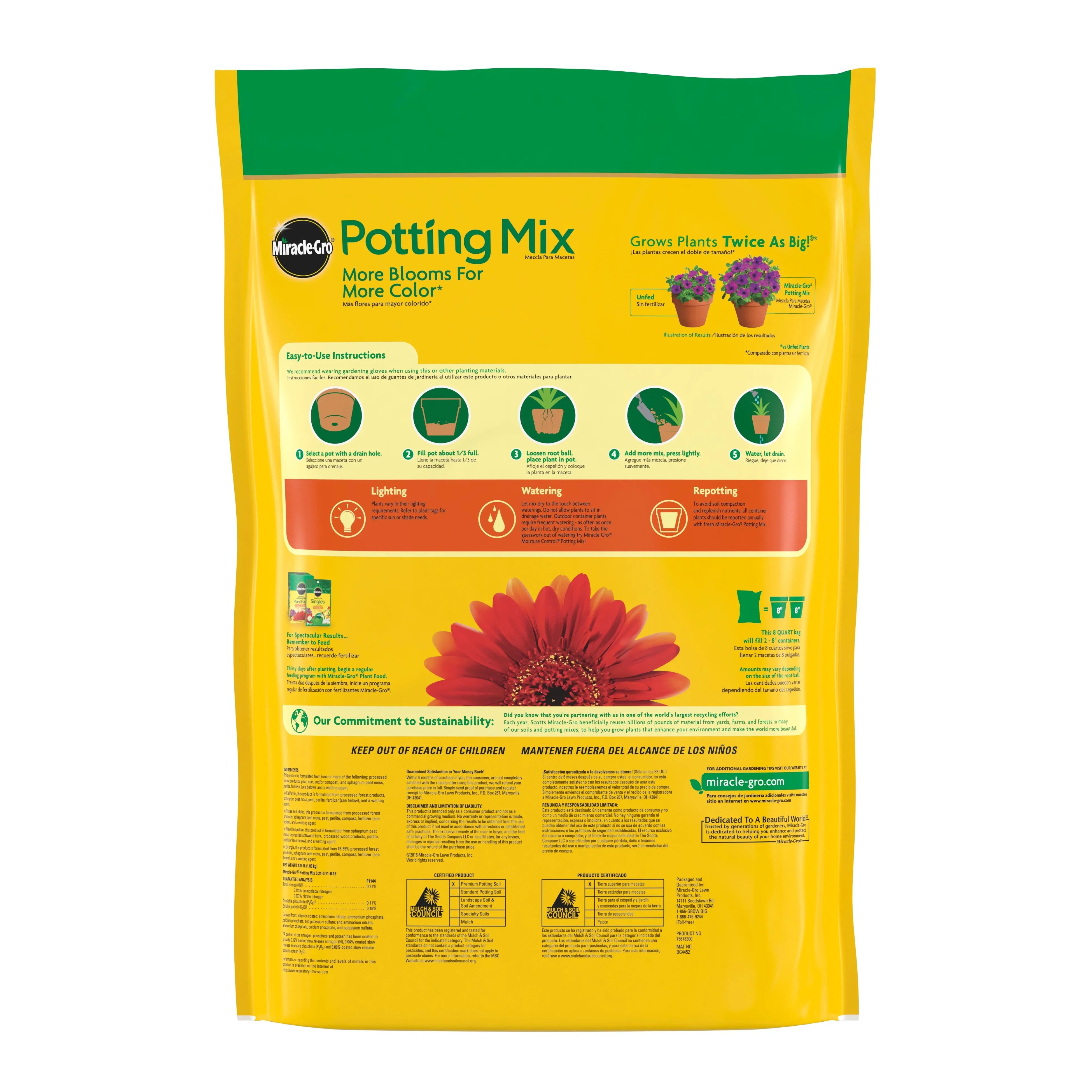 Miracle-Gro Potting Mix, For Indoor or Outdoor Potted Plants, Flowers, Shrubs, 8 qt. - USA MEGA SHOP