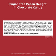 Back of sugar-free pecan delight chocolate candy bag with ingredient list