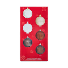 Boxed Christmas ornament set with round balls in white, brown, gold, and silver finishes
