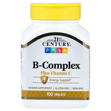 B-Complex plus Vitamin C supplement bottle with yellow cap, front label, 100 tablets