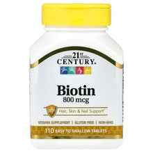 Biotin supplement bottle, 800 mcg, 110 easy swallow tablets, yellow cap, white label