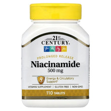 Niacinamide prolonged-release vitamin supplement bottle with yellow cap, 110 tablets.
