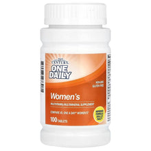 Women's daily multivitamin supplement tablets bottle, orange and white front label.