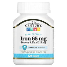 Iron 65 mg supplement bottle, gluten free, 120 tablets
