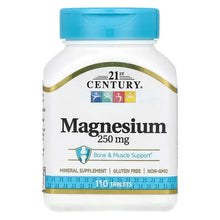 Magnesium 250 mg supplement bottle with blue cap and Bone & Muscle Support label