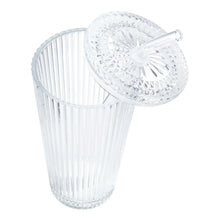 Clear ribbed glass tumbler with glass lid and straw
