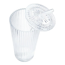 Ribbed clear glass tumbler with matching glass lid and clear straw.
