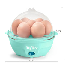 Teal egg cooker with domed lid holding seven brown eggs with size dimensions