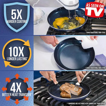 Blue non-stick frypan with handle, shown during cooking with icons
