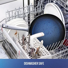 Blue non-stick frypan in dishwasher rack with white plastic supports
