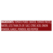 Tomato sauce ingredients panel: tomato puree, water, salt, citric acid, onion, garlic