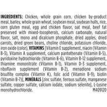 Dry dog food ingredients panel listing chicken, grains, and vegetables