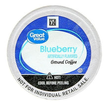 Great Value blueberry ground coffee pod lid, heat indicator and warning text
