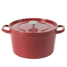 Red enamel Dutch oven with lid and side handles, glossy enamel finish