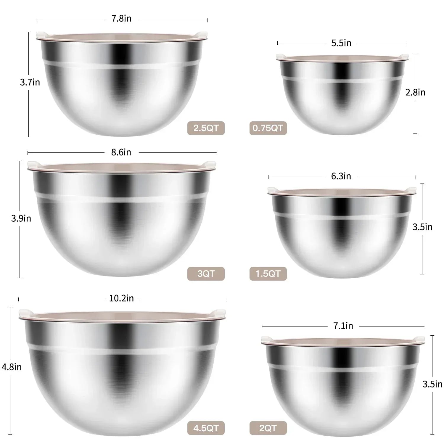 Stainless Steel Mixing Bowls Set, TINANA 6 Pack Mixing Bowls with Lids, Metal Nesting Storage Bowls for Kitchen, 4.5/3/2.5/2/1.5/0.75QT, Great for Prep, Baking, Serving, Khaki