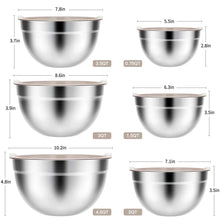 Stainless steel mixing bowls with beige lids in multiple sizes, labeled capacities