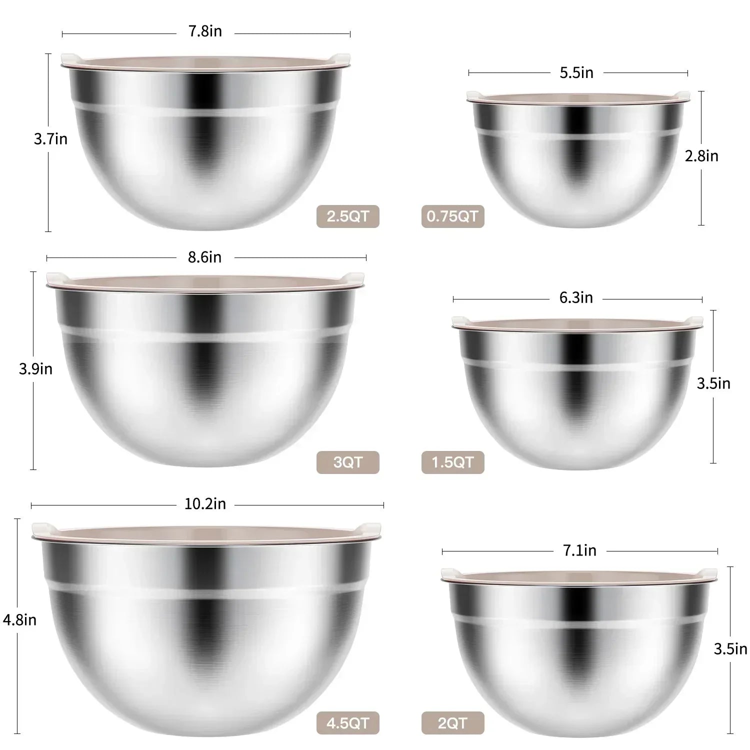 TINANA Mixing Bowls with Lids: Stainless Steel Mixing Bowls Set, Metal Nesting Mixing Bowls for Kitchen, 7/4.5/3.0/2.0/1.5/1.0/0.7QT, Great for Prep, Baking, Serving