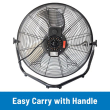 Rear of black steel floor fan with grille and speed control panel