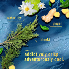 Air freshener scent notes graphic: water lily, ginger, hinoki
