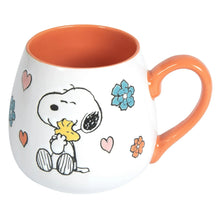 White ceramic mug with orange rim and handle, Peanuts Snoopy mother and baby hearts and flower decals