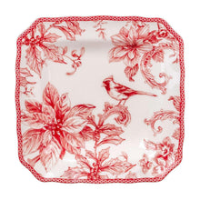 Square dinner plate with red birds and poinsettia floral border