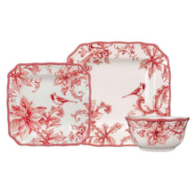 Dinnerware set with square plates and bowl, red bird and floral border