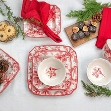 Square dinner plates and matching bowls with red bird floral pattern