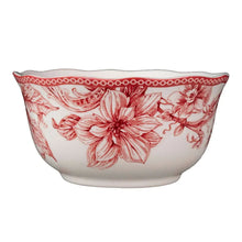 Red-and-white floral bowl with scalloped rim and bird pattern