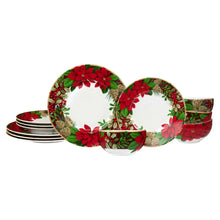 Holiday dinnerware set plates with poinsettia wreath border, red and green accents