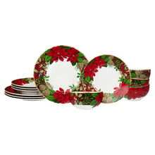 Round holiday dinner plates with poinsettia wreath and pinecone border, set of two