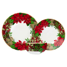 Round dinner plates with poinsettia wreath border and pinecone accents