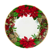 Round dinner plate with poinsettia wreath border, red flowers, and green leaves