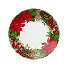 Holiday dinnerware set round dinner plate with poinsettia wreath, berries, and pinecone accents