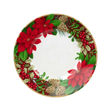 Round dinner plate with poinsettia and berry wreath border, green leaf accents