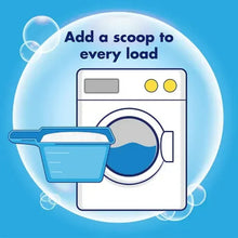 Stain remover powder graphic with scoop pouring into a washing machine