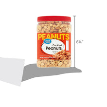 Roasted salted cocktail peanuts jar with red lid, shown with size outline