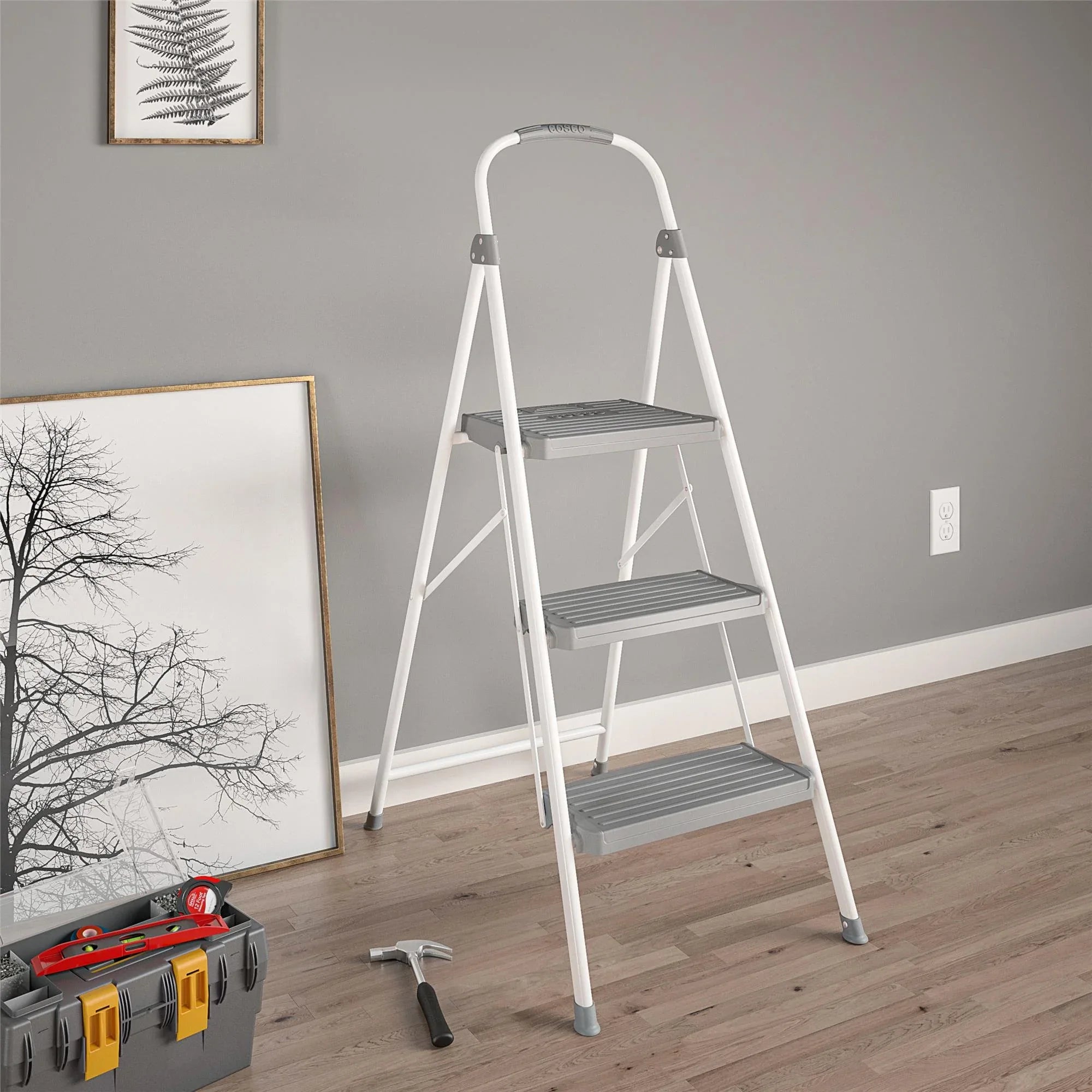 3 Step Connection Step Stool ( White & Gray, 8ft 10in Max Reach)