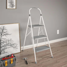 3-step step stool with white frame, gray treads, and arched hand grips