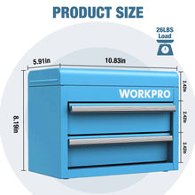 Blue mini metal tool box size diagram with front view and drawer fronts
