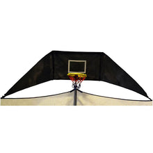 Trampoline basketball hoop with padded backboard and net, arched support