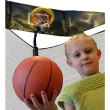 Trampoline basketball hoop with yellow rim and net, child holding orange ball