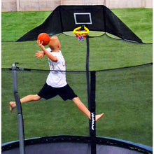 Trampoline play area with basketball hoop and padded backboard, child jumping